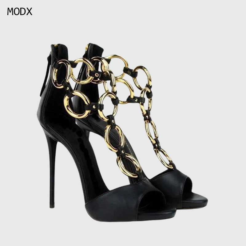 Gold Chain Sandal - Sandales à talons aiguilles en cuir